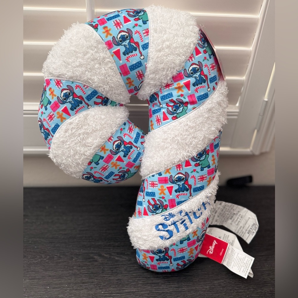 NWT Disney Stitch Candy Cane Blue & White Christmas Present Plush Pillow